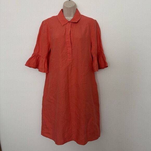 Chicos Linen Orange Fluted Sleeve Shift Dress Sz 8 Pockets Collared Minimalist - Picture 1 of 11